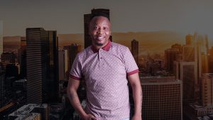 Amaza Ntshanga in a red t-shirt